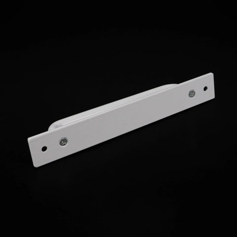 Two White Aluminum Barn Door Handles With Screws For Cupboard Cabinet Wardrobe And Drawer, side view on black background.