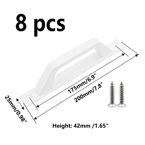 Eight pack of white aluminum sliding barn door handles set, 7.8 inch long with 6.9 inch hole center, showing dimensions and screws.
