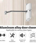 Aluminum alloy door closer mounted on a wooden door, designed for various door types with adjustable elastic force and easy installation