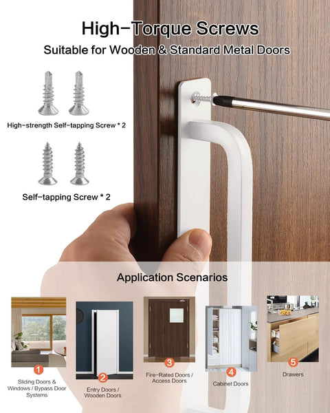5 Pack 6 Inch White Aluminum Cabinet Handles No Drill Self Adhesive With Base Plate being installed on a door