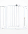 Extra Wide Baby Gate For Doorways And Bottom Of Stairs Adjustable From 29 To 38 Inches 30 Inches Tall With 6 Inch Extension Pressure Mounted Safety Gate For Babies Toddlers And Pets American Designed And Owned White, disassembled view with all components laid out on a white background.