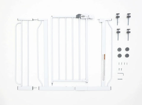 Extra Wide Baby Gate For Doorways And Bottom Of Stairs Adjustable From 29 To 38 Inches 30 Inches Tall With 6 Inch Extension Pressure Mounted Safety Gate For Babies Toddlers And Pets American Designed And Owned White, disassembled view with all components laid out on a white background.