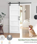 White 32x84 Inch Sliding Barn Door Slab With 5-Panel MDF Panels, Waterproof Scratch-Resistant PVC Surface installed in living room