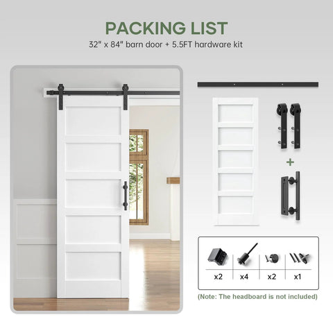 White 32x84 Inch Sliding Barn Door Slab With 5-Panel MDF Panels, Waterproof Scratch-Resistant PVC Surface, 5.5ft Hardware Kit Included