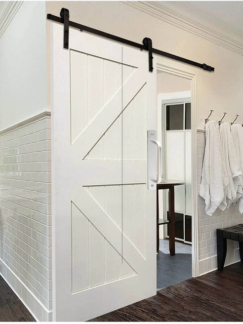 Pack Of 2 Aluminium Alloy Sliding Barn Door Handles And Cabinet Pulls, Durable Silver Drawer Knobs For Kitchen Cabinets And Furniture installed on a white door