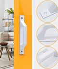 Sliding Barn Door Handles Set Eight Pack Aluminum White 7.8 Inch Long With 6.9 Inch Hole Center Pull And Screws Included For Easy Installation On Barn Doors Closets And Cabinets Durable Construction For Smooth Operation And Long Lasting Performance shown installed