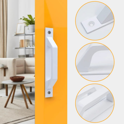Sliding Barn Door Handles Set Eight Pack Aluminum White 7.8 Inch Long With 6.9 Inch Hole Center Pull And Screws Included For Easy Installation On Barn Doors Closets And Cabinets Durable Construction For Smooth Operation And Long Lasting Performance shown installed