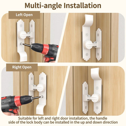 90 Degree Barn Door Lock And Latch Heavy Duty Flip Gate Latch With Handle For Garden Bathroom Sliding Screen Shed Doors And Windows White Two Pack Zinc Alloy Anti Corrosion Rust Resistant shown in multi-angle installation.