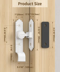 Diagram showing sizing of 90 Degree Barn Door Lock And Latch Heavy Duty Flip Gate Latch with handle in white, zinc alloy material.