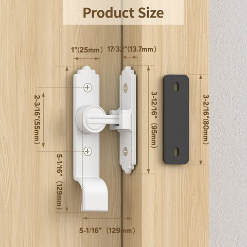 Diagram showing sizing of 90 Degree Barn Door Lock And Latch Heavy Duty Flip Gate Latch with handle in white, zinc alloy material.