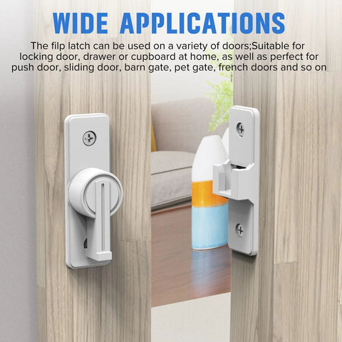 90 Degree Flip Barn Door Lock Heavy Duty Sliding Gate Latch For Garden Bathroom Garage And Sliding Doors White 1 Pack Durable Zinc Alloy Construction With Easy Installation And Corrosion Resistant Finish shown on interior wooden doors