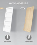 Comparison of two doors, one white 32x84 inch sliding barn door slab with 5-panel MDF panels, the other warped wood door.