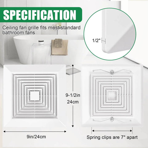White 9x9 Inch Bathroom Exhaust Fan Cover With Spring Square Ceiling Or Wall Mount Vent Hood Air Diffuser Grille Diverter Vent Replacement Accessory For Most Bathroom Fans Easy Install, shown front and side view with spring clips 7 inches apart