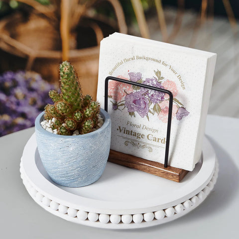 12 Inch White Beaded Lazy Susan Turntable with cactus and cards, Wooden Decorative Kitchen Organizer Centerpiece Tray with 360 Degree Rotation.