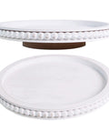 12 Inch Beaded Wooden Lazy Susan Organizer For Farmhouse Tables And Kitchen Counters, round turntable with beaded edge, front view