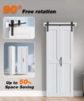 White Bi-Fold Barn Door 56 X 84 Inches With Double Folding Sliding Panels, Solid MDF With Waterproof PVC Surface, Includes Hardware Kit And Handle, No Assembly Required, Space Saving Bi-Fold Design For Doors, Closets And Rooms, shown installed.
