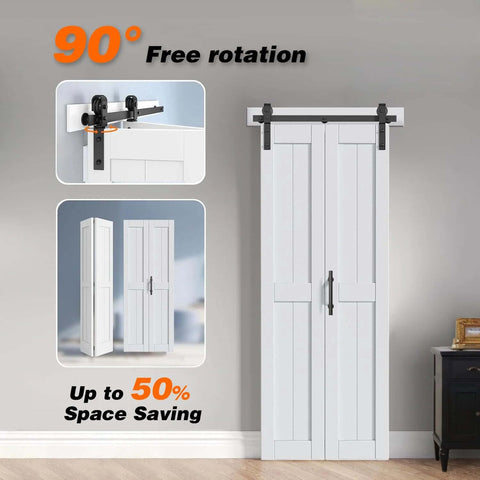 White Bi-Fold Barn Door 56 X 84 Inches With Double Folding Sliding Panels, Solid MDF With Waterproof PVC Surface, Includes Hardware Kit And Handle, No Assembly Required, Space Saving Bi-Fold Design For Doors, Closets And Rooms, shown installed.