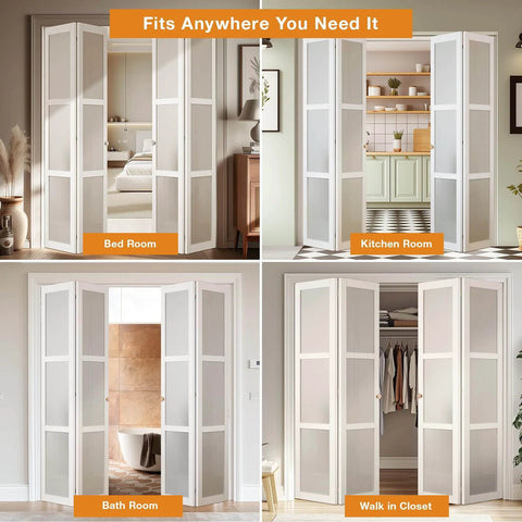 Bifold Door Hardware Kit, 2-Pack 30-Inch Bi-fold Closet Door Track Kit in bedroom, kitchen, bathroom, and walk-in closet settings