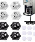 Self Adhesive Mini Caster Wheels For Small Appliances And Furniture Sliders Easy Non Destructive Installation With Strong Adhesive Tape Move Coffee Machines Blenders Ovens And Other Appliances Smoothly Without Scratching Countertops Or Drilling, showing black and white caster sets with adhesive pads and a coffee machine