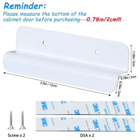 White Cabinet Foot Pull For Trash Can With Touchless Operation showing dimensions and included screws and adhesive strips.