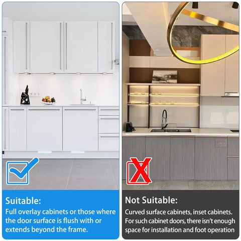 Comparison of suitable full overlay cabinets with flush doors and unsuitable curved surface cabinets for foot-operated handle installation