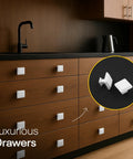 White Cabinet Knobs Set, 10 Pack Zinc Alloy Drawer Knobs for kitchen cabinets and dressers, shown installed on wooden drawers.