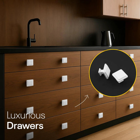 White Cabinet Knobs Set, 10 Pack Zinc Alloy Drawer Knobs for kitchen cabinets and dressers, shown installed on wooden drawers.