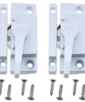 2-Pack white cam action sash lock provides strong security for sliding windows, durable metal crescent lock with screws visible