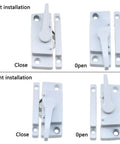 Cam action sash lock provides strong security for sliding windows, showing open and closed positions for left and right installations.
