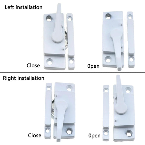 Cam action sash lock provides strong security for sliding windows, showing open and closed positions for left and right installations.
