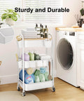 Six Pack White Hanging Cup Holders For Rolling Carts With Six Cup Holders And Six Hooks Space Saving Utility Cart Accessories in laundry room.