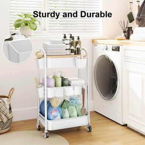 Six Pack White Hanging Cup Holders For Rolling Carts With Six Cup Holders And Six Hooks Space Saving Utility Cart Accessories in laundry room.