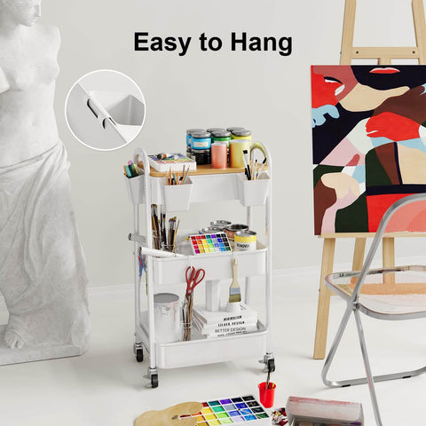 Six Pack White Hanging Cup Holders For Rolling Carts With Six Cup Holders And Six Hooks Space Saving Utility Cart Accessories in art studio