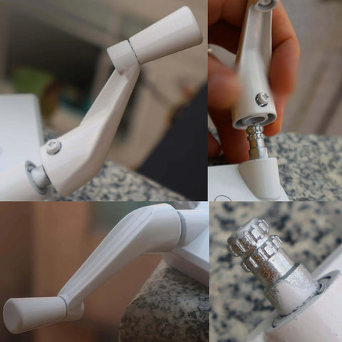 Close-up of casement window crank handle replacement white three eighths inch spline socket 360 degree operation zinc alloy