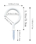 White metal screw-in hook with dimensions showing 0.6in diameter and 1.85in length, ideal for hanging light items.