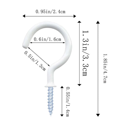 White metal screw-in hook with dimensions showing 0.6in diameter and 1.85in length, ideal for hanging light items.