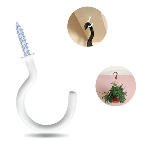White ceiling hook with screw, holding ceiling with plant view, great for organizing or decor purposes.