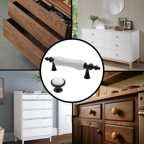 Eight Piece Crack Pattern White Ceramic Cabinet Pulls And Drawer Knobs Set In Antique Black displayed in drawers and cupboards.
