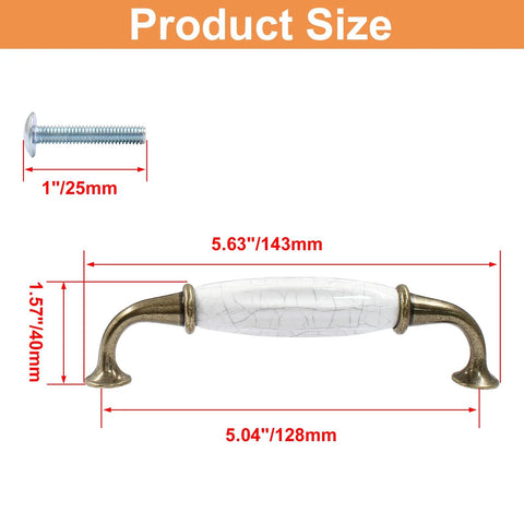 Product size diagram of 5 Pcs White Ceramic Drawer Pulls With 128mm Hole Centers Vintage Style Cabinet Dresser Kitchen Hardware