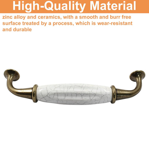 Front view of a bronze and white handle from 5 Pcs White Ceramic Drawer Pulls With 128mm Hole Centers Vintage Style Cabinet Dresser Kitchen Hardware.