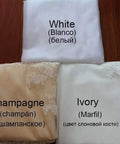 Fabric samples in white, champagne, and ivory colors with lace detailing.