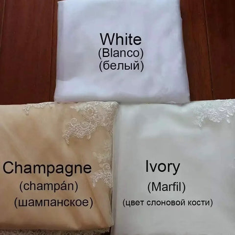 Fabric samples in white, champagne, and ivory colors with lace detailing.