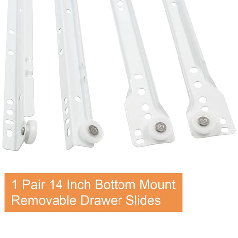 14 Inch Drawer Slides Set White Coated Steel Drawer Tracks With Removable Bottom Mount Rails And Nylon Wheels