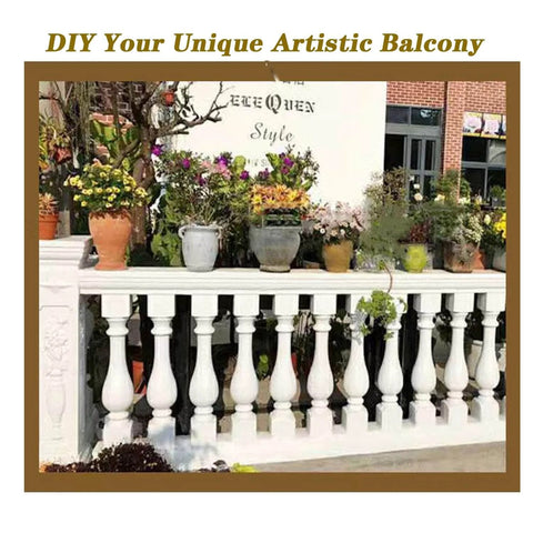 2 Pack Precast Baluster Rail Concrete Molds For Balcony Railings With Roman Column Style installed with potted plants displayed