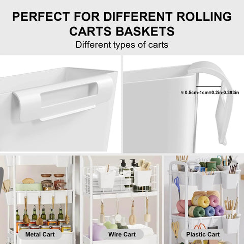 Six Pack White Hanging Cup Holders For Rolling Carts With Six Cup Holders And Six Hooks Space Saving Utility Cart Accessories
