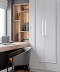 Modern kitchen with Five Pack White Kitchen Cupboard Handles With Seven And A Half Inch Hole Center on tall cabinet doors.