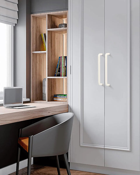 Modern kitchen with Five Pack White Kitchen Cupboard Handles With Seven And A Half Inch Hole Center on tall cabinet doors.