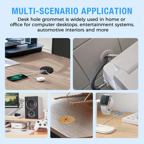 Maintain a clean, organized workspace with this 2-pack 80 mm white ABS desk grommet, showing cable management in various setups.