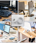 Collage showing 2 Pack 1.5 Inch Desk Grommet Cable Hole Cover for wire organization on different desks, with close-up white plastic grommet.
