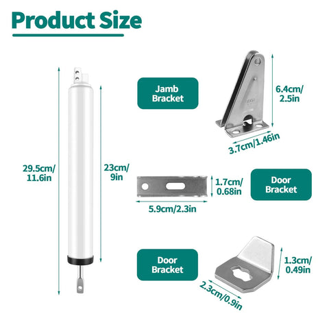 Screen and Storm Door Closer Kit, Heavy Duty Pneumatic Screen and Storm Door Closer, dimensions and components view